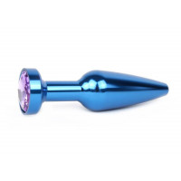 Удлиненная коническая гладкая синяя анальная втулка с сиреневым кристаллом - 11,3 см.