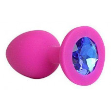 Ярко-розовая анальная пробка с синим кристаллом - 9,5 см.