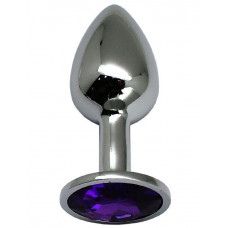 Серебристая анальная втулка с фиолетовым стразом - 7 см.